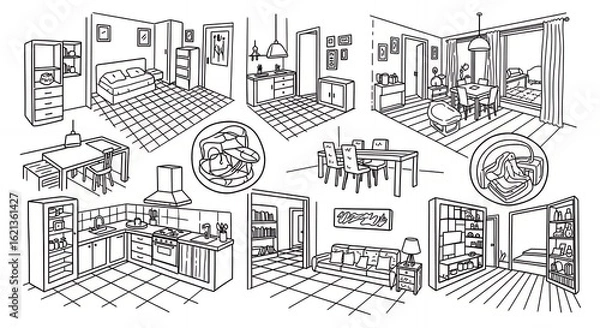 Obraz Detailed Monochrome Hand Drawn Line Art Style Illustration of Various Interior Room Designs with Clean Minimalist Aesthetic black and white sketch line drawing for architectural background and modern