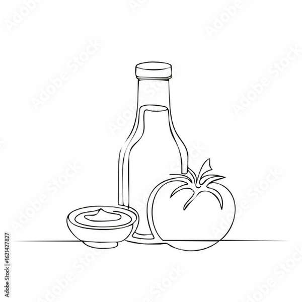 Fototapeta Tomato Ketchup Bottle and Sauce in Bowl Continuous Line Art Still Life
