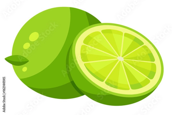 Fototapeta Bright citrus: fresh green limes and yellow lemon slices, some halved, isolated on white