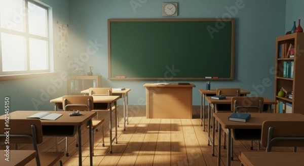 Fototapeta Sunlit Anime Classroom with Empty Desks and Nostalgic Glow