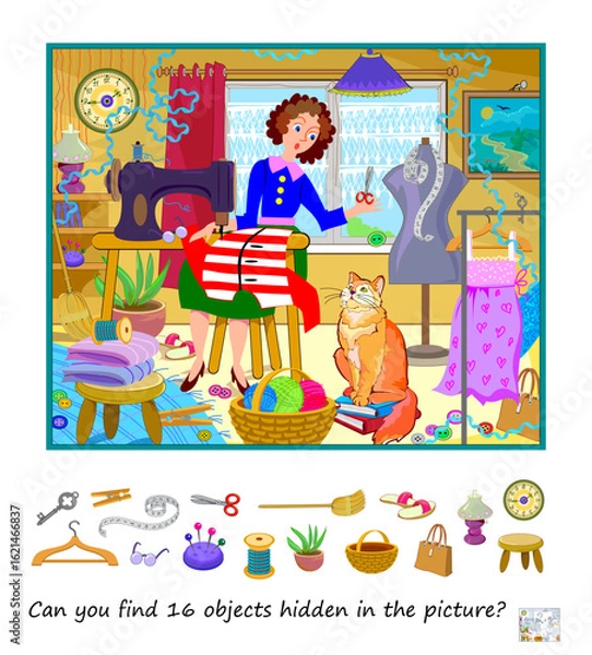 Fototapeta Can you find 16 objects hidden in the picture? Logic puzzle for smartest. Search and find game. Drawing of a seamstress at work. Page for kids brain teaser book. Hand drawn vector illustration.