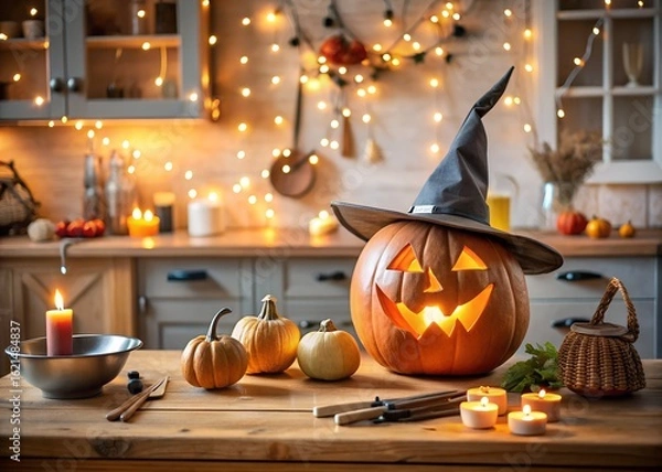 Obraz Halloween kitchen scene with a glowing jackolantern wearing a witch hat, candles, and string lights, creating a festive and cozy autumn atmosphere