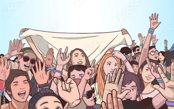 Fototapeta Illustration of festival crowd cheering and dancing in color