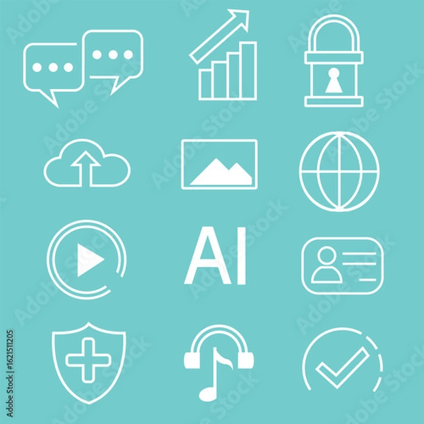 Fototapeta AI and Technology Icon Set – Flat Vector Symbols for Digital Services and User Interface Design