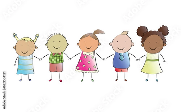 Obraz Children from all over the world are holding hands. Cute illustration isolated on white