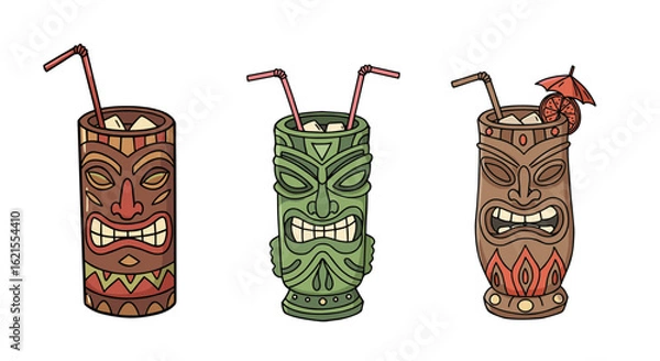 Fototapeta Set of tiki mugs with colorful designs for tropical cocktails on transparent background