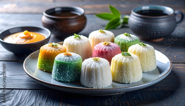 Fototapeta A plate of colorful Korean rice cakes, with tea and sauce, presented on a dark wooden table.