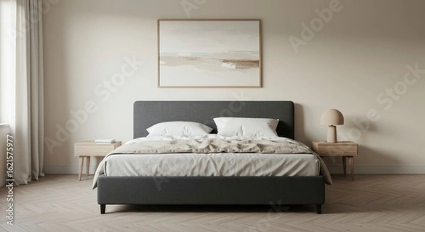 Fototapeta Serene bedroom with bed nightstands lamp and artwork
