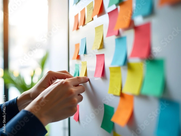 Fototapeta Hands placing a yellow sticky note on a board covered in colorful notes. A visual representation of brainstorming and project management.