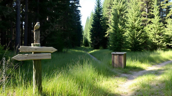 Fototapeta Forest crossroads with trails, wooden signs with a bird. Spruce summer forest, natural environment with a trash can. Environment, forest summer still life. Background.