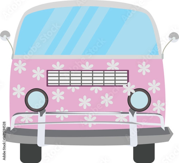 Fototapeta Pink Camper van with flowers vector design with front view of van illustration isolated on background.