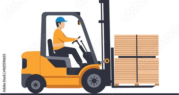 Fototapeta Forklift operator moving stacked lumber in a warehouse.