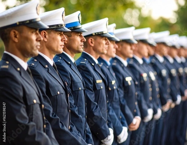 Obraz A respectful, wide shot of a line of police officers in dress uniform standing at attention during a formal ceremony. 