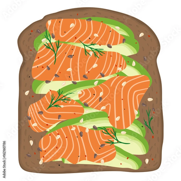 Fototapeta Tost z łososiem i awokado. Pyszna kanapka ze świeżego pieczywa orkiszowego z plastrami awokado i wędzonym loxem. Ziarna sezamu, przyprawy i koper. Zdrowe śniadanie. Ręcznie rysowane ilustracji wektorowych.
