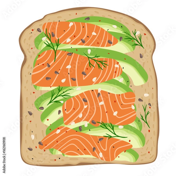 Fototapeta Avocado salmon toast. Delicious sandwich made of fresh spelt toasted bread with slices of avocado and smoked lox. Sesame seeds, seasoning and dill. Healthy breakfast. Hand drawn vector illustration. 