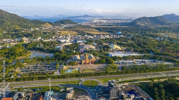 Obraz Aerial view of Beto Carrero World theme park with distant view of Itajaí and Balneário Camboriú.