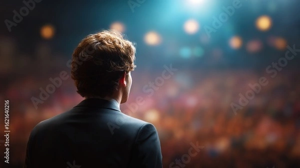 Obraz Facing the Audience: A poised figure stands confidently before a vibrant audience bathed in warm light. Anticipation hangs in the air, creating a sense of excitement and preparation.