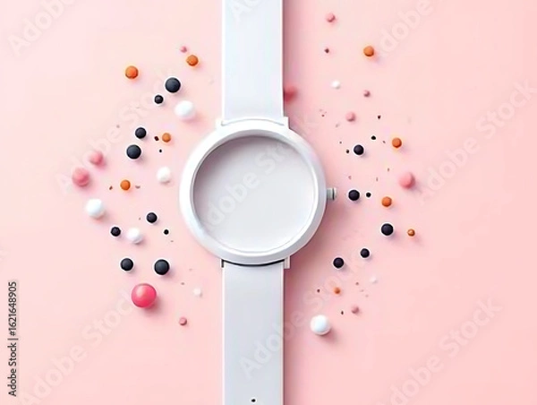 Fototapeta Minimalist White Watch with Colorful Polka Dots on Pink Background