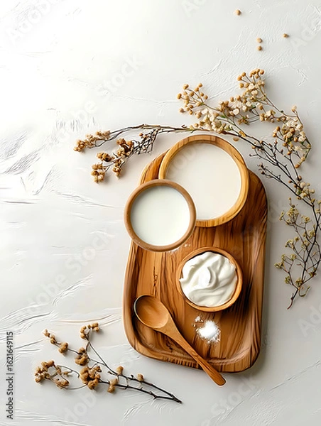 Fototapeta  Wooden Tray with Milk, Yogurt, and Dried Flowers on a Light Background