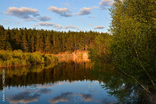 Fototapeta Quiet spring evening on the forest river.