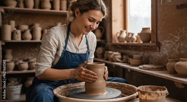 Fototapeta A skilled female artisan joyfully shaping earthenware on a pottery wheel, embodying the art of creation in her workshop.