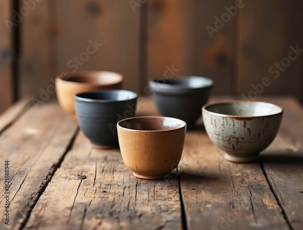 Fototapeta Rustic ceramic tea cups arranged on a weathered wooden surface