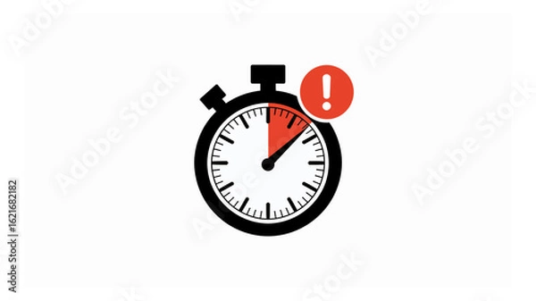 Fototapeta A stark black and white stopwatch illustration with a critical red segment and a prominent exclamation mark signaling urgent time.