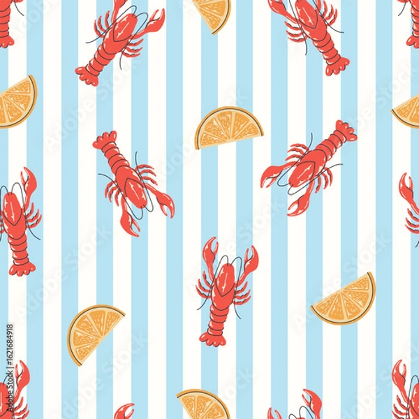 Fototapeta Hand drawn lobsters and lemons seamless pattern on blue and white stripe background. Repeating pattern lobster and lemon for textile, wrapping paper, background.