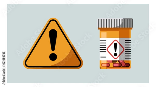 Fototapeta Flat design vector graphic depicting a universal warning symbol and a pharmaceutical container with a danger label