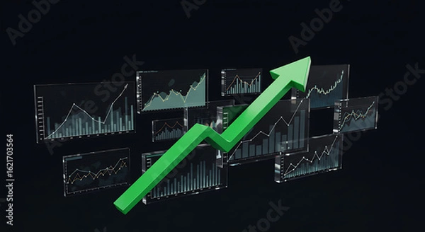 Obraz 3D rendering of a green arrow pointing upwards, symbolizing financial growth and success, set against a background of data charts and graphs.