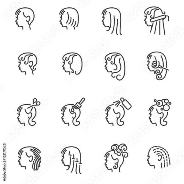 Obraz Icons of barber services for woman / Line icons as dyeing, washing, styling
