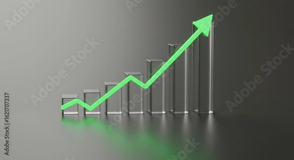 Obraz Upward trend financial graph showing business growth. A green arrow on a transparent bar chart represents statistics and success on a dark background.