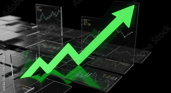 Obraz Technological interface with stock market data and a green arrow symbolizing financial growth and successful investment.