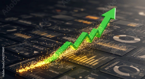 Obraz Glowing green arrow symbolizing stock market success and financial profit growth on a futuristic data analytics interface.