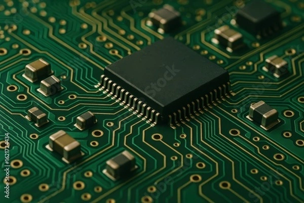 Fototapeta Advanced green circuit board macro with intricate electronic pathways and microelectronics components