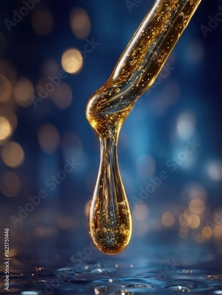 Fototapeta Golden Serum Drop Suspended Above Silky Skin With Dramatic Lighting Creating a Luxurious Atmosphere