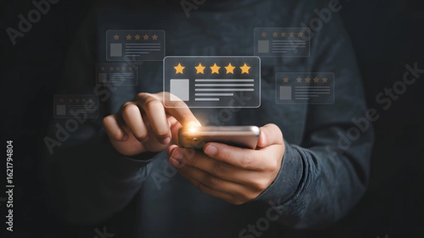 Fototapeta Boost your brand reputation with positive reviews, a customer satisfaction survey for valuable insights on a smartphone to build trust and credibility today