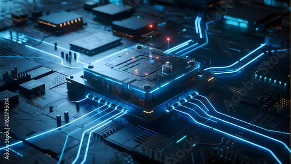 Obraz Futuristic microchip processor with glowing blue circuits on a computer motherboard.