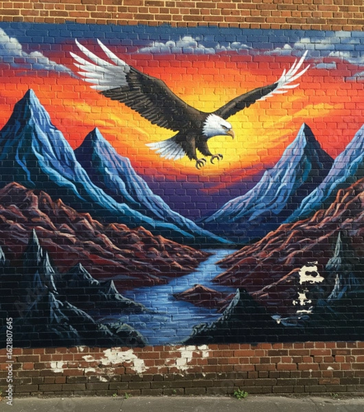 Fototapeta Eagle Flying in the Mountains Mural
A large eagle flaps its wings in the sky, looking majestic and powerful.