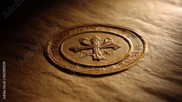 Fototapeta Golden seal emblem on textured parchment, symbolizing ceremonial achievement with warm and focused lighting.
