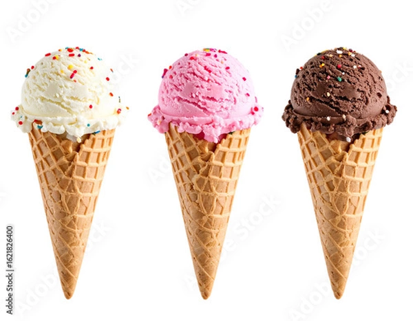 Fototapeta Three delicious ice cream cones vanilla strawberry chocolate with colorful sprinkles a sweet treat