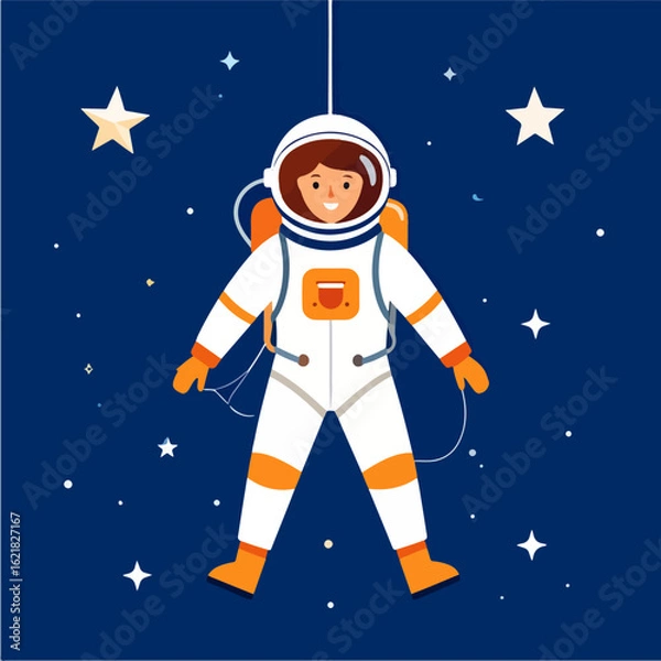 Fototapeta Cartoon illustration of a happy woman astronaut floating in deep space amidst stars, with a simple design and a dark blue background.