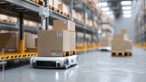 Obraz Automated warehouse robot moving packages industrial facility technology showcase modern environment close-up view efficiency concept