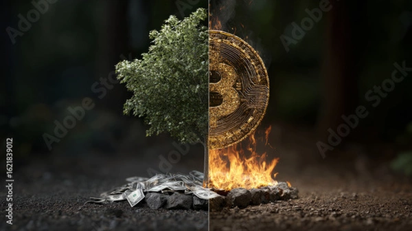 Obraz Cryptocurrency crisis bitcoin vs nature digital currency environmental impact forest setting abstract concept