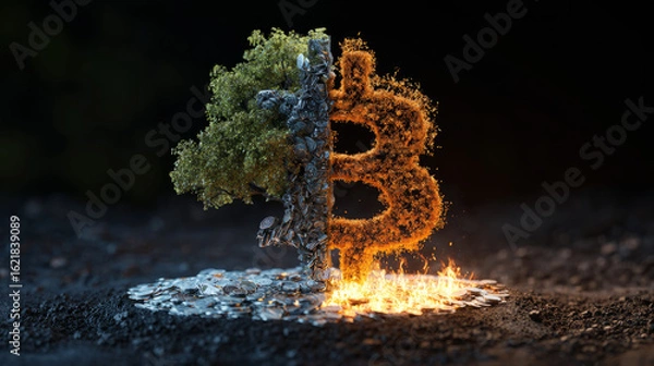 Obraz Bitcoin's dual nature environmental impact and economic growth digital currency visual art abstract perspective