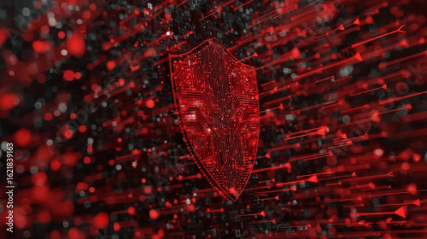 Obraz Cybersecurity event digital shield protection virtual space graphic design red environment abstract viewpoint data safety concept
