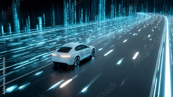 Obraz Futuristic electric vehicle racing on digital highway urban landscape 3d animation night scene technology and innovation