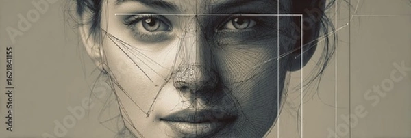 Fototapeta Facial Symmetry Study With Anatomical Sketch Overlay Highlighting Features in Detailed Artistic Representation