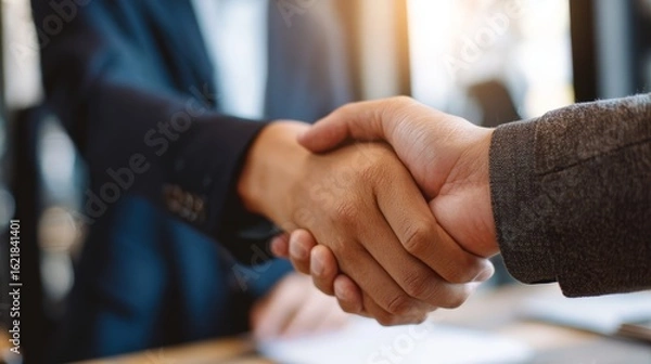 Fototapeta Business negotiation handshake office setting image professional environment close-up view trust building concept