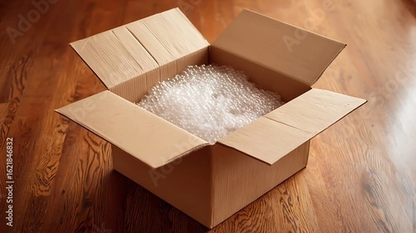 Fototapeta Overhead View of Open Cardboard Box with Bubble Wrap